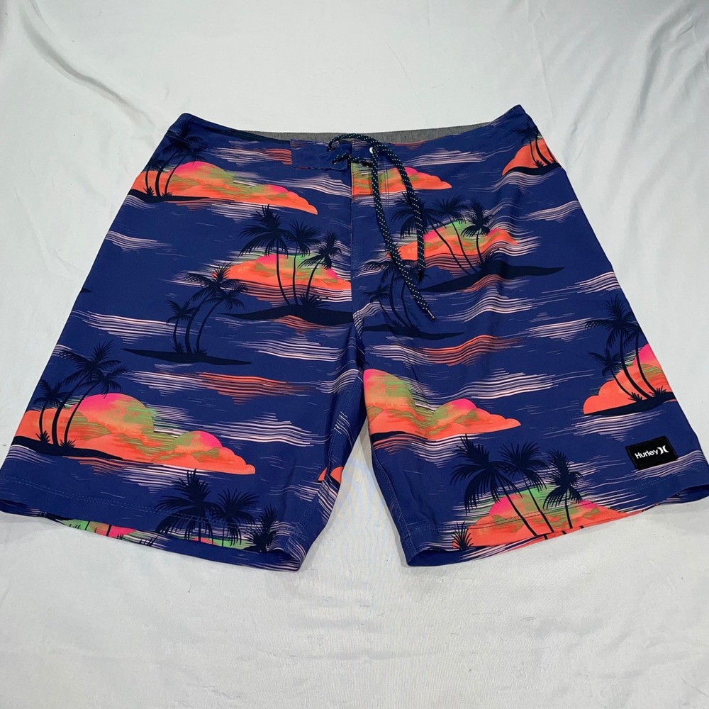 Hurley Phantom Mens Board Shorts Size 34 Navy Blue Tropical Sunset Palm Tree
